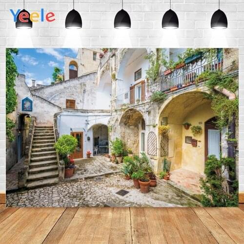 Yeele White Stone House With Arches Green Potted Plants Trees Sunny Background Photophone Photography for Decor Customized Size