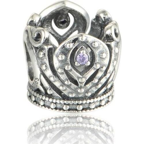 New Arrival Cartoon Anna Crown With Purple CZ Charm Beads Real 925 Sterling silver jewelry Suitable for Brand Charm Bracelets