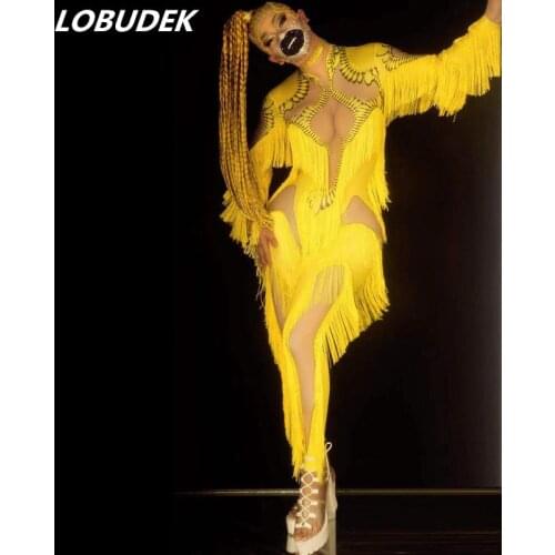 Yellow Tassel Rhinestones Stretch Skinny Jumpsuit Long Sleeve Spandex Fringe Printed Leotard Stage Wear Nightclub Party Costume