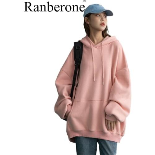 Ranberone Hoodies Women Sweatshirts Long Sleeve Oversize Hooded Warm Tops Casual Pocket Loose Jumper Pullover Jacket Large Size