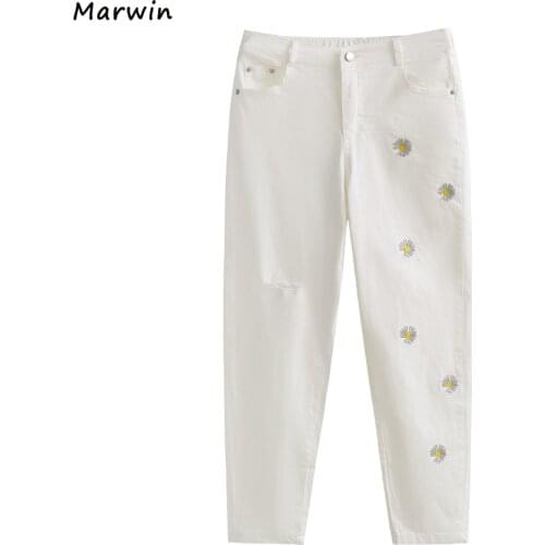 Marwin 2021 New-Coming Spring Solid Thin Ankle-Length Elastic Embroidery Floral OffWhite Jeans High Street Style Women Pants