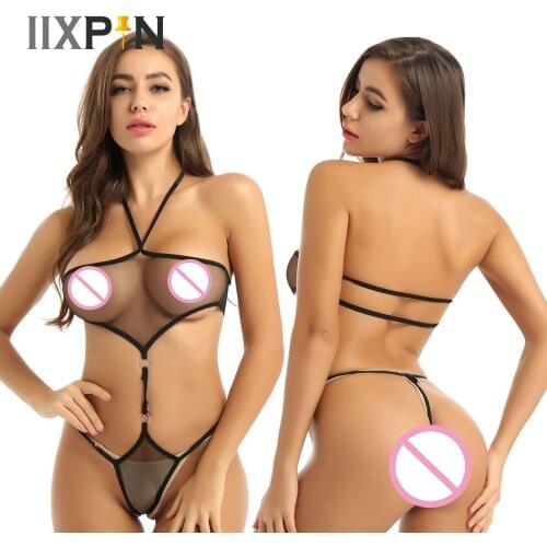 Womens Erotic One-piece See Through Sheer Mesh Lingerie Halter Neck Backless Thong Leotard Bodysuit Nightwear