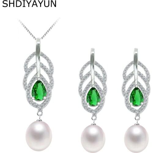 SHDIYAYUN 2019 Pearl Jewelry Sets Natural Pearl Pendant 925 Sterling Silver Green Zircon Feather Earrings Necklace For Women
