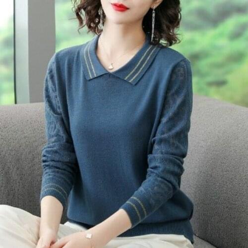 2021 New Autumn Women Pullover Korean Knitwear Hollow Out Long Sleeve Turndown Collar Casual Womens Sweater Pull Femme Y543