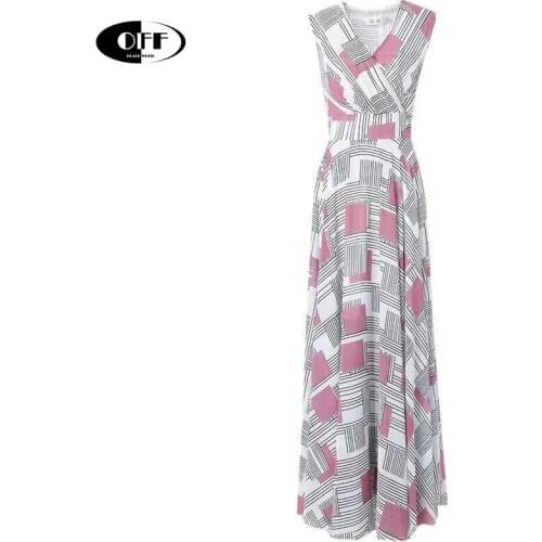 Summer Beach Boho Color block Printing Maxi Dresses For Women Elegant V-neck Casual Lady Plus Size 3XL Retro Tank Dress Vestidos