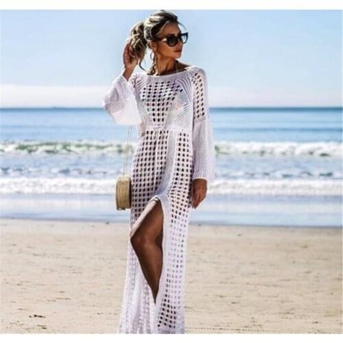 Summer Sexy Women Knitted Bikini Cover Up Dress Lady Openwork Knit Full-Length Beach Dress Bell Sleeve Perspective Tunic Dress