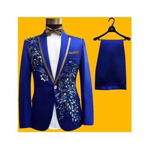 2017 Latest Coat Pant Designs Royal Blue Pattern Rhinestone Men Suit Costume Stage Tuxedo Slim Fit 2 Piece Prom Blazer Masculino