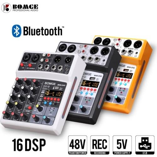 4 Channel 16 DSP Audio Mixer USB Sound Card Interface Console with bluetooth 48V Phantom Power XLR Balanced Output