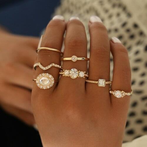 7 Pcs/set Fashion Geometric Rhinestone Crystal Ring Set For Women Girls Charm Joint Ring Party Wedding Anniversary Jewelry Gift