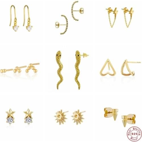 Aide 925 Sterling Silver Tiny Stud Earrings Zircon Snake Lightning Moon Star Butterfly Geometric Ear Studs Piercing Jewelry Gift