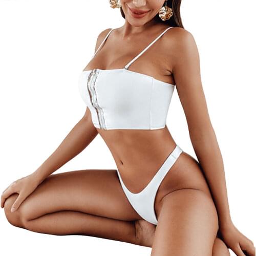 White Swimwear 2020 Summer Zipper Suits Solid Color Sleeveless Two-Piece Swimsuits for Women Bikini Sets Female Swimming Costume