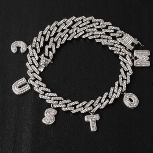 Freewear Hiphop DIY Statement 12mm S-Link Miami Cuban Necklace Baguette Letter Pendant ankle Jewelry Wholesale Own Style