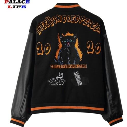 Hip Hop Patchwork Baseball Jackets Mens Japanese Cartoon Black Cat Embroidery Harajuku Bomber Varsity Jacket Women College Coats