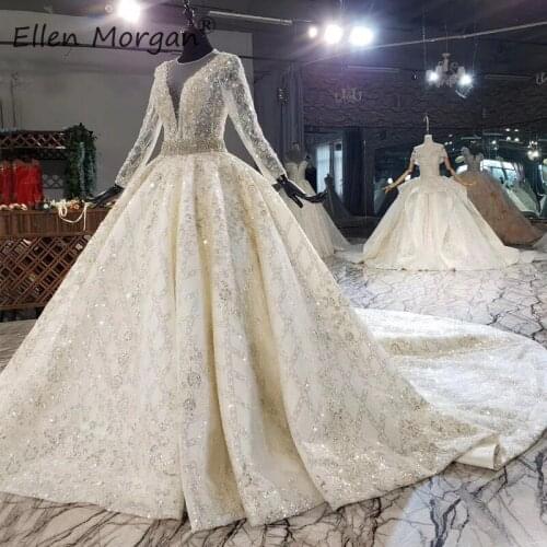 Long Sleeves Sparkling Wedding Dresses 2021 Puffy Appliques Beaded Real Photos Luxury Crystals Princess Bridal Gowns for Women