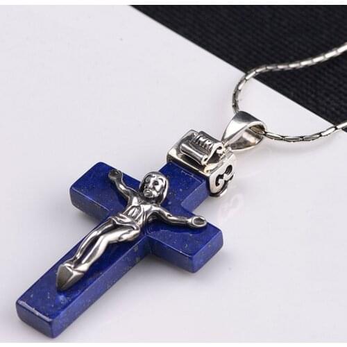 BOCAI new solid S925 pure silver jewelry inlaid lapis lazuli pendant men and women cross silver Cross Jesus Pendant