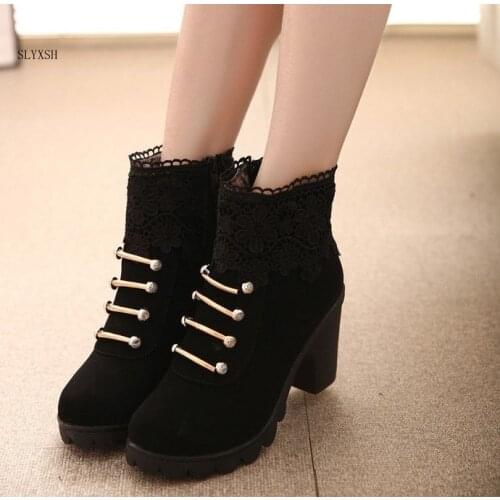 New Women Boots Fashion PU Leather Round Toe Ankle Boots Sexy Lace Ladies High Heels Platform Shoes Woman Size 35-40
