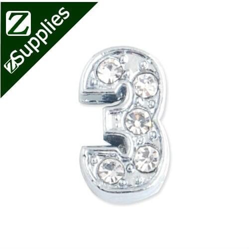 12*7*5 MM Clear Crystal Rhinestone Number "3" Slider Charm Beads,Silver Plated,slider charms, bracelets Letter
