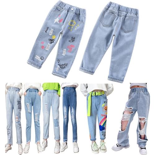 Kids Girl Jeans Floral Cartoon Long Pants Spring Autumn Graffiti Painting Print Casual Trousers with Hole JYF
