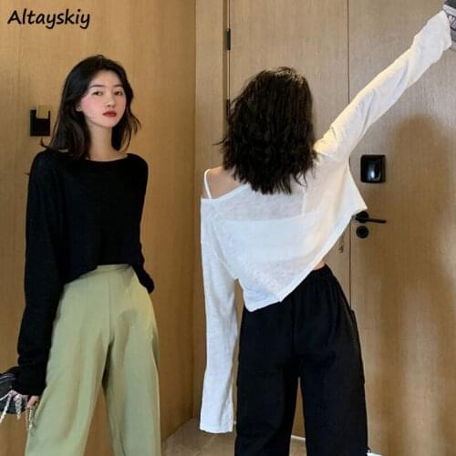 Long Sleeve T-shirts Women Sun-proof All-match Pure Summer Cropped College Stylish Thin Ladies Clothes 2021 Newly Ins Plain Chic