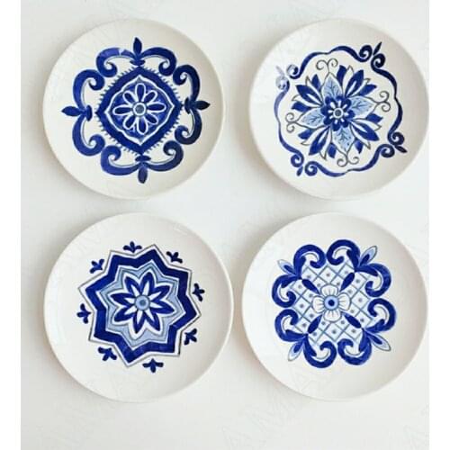 Overglaze Ceramic Plate Blue and White Porcelain Main Course Flowers Home Dinner Plates Dessert Cake Dish Kitchen Tableware