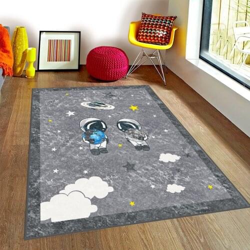 Gri Çocuk Odası Halısı astronot uzay gezegen ay dünya güneş bulut yıldız gri çocuk halısı