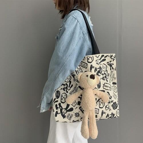 Women Canvas Bag Large Capacity Tote Retro Art Animal Shoulder Bags Handbag Eco Cotton Cloth Fabric Bear Shopping Bags For Girls