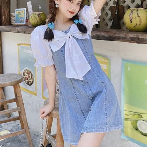 Summer Womens Dress 2021 New Kpop Slim Bowknot Puff Sleeve Denim Skirt Female High Waist Trendy A-Line Midi Skirts Casual Traf