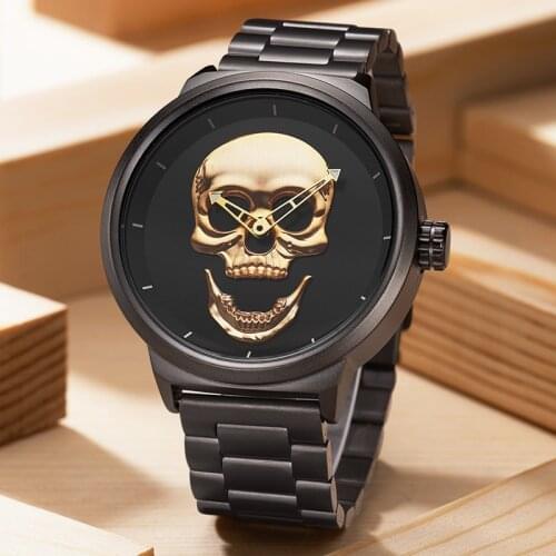 Top Brand Biden Luxury Mens Watch Golden Skull Punk Stylish Watch Mens Stainless Steel Waterproof Sport Quartz Wristwatch Gifts
