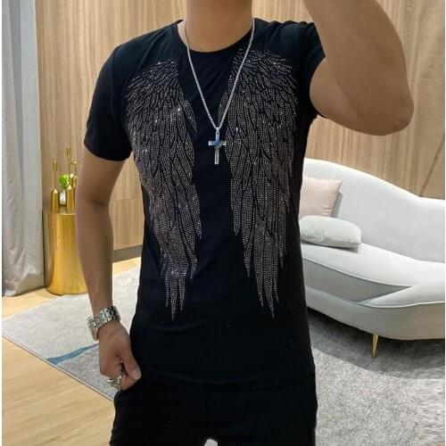 New Hot Drill T Shirt Plus Size M-5XL Short Sleeve Mens Rhinestone T-shirt Fashion Cotton