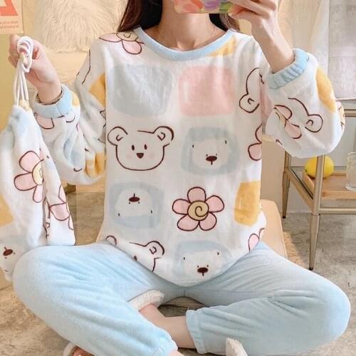 2021 Autumn Winter Warm Flannel Women Pyjamas Sets Coral Velvet Long Sleeve Cartoon Sleepwear Thin Flannel Pajamas Set