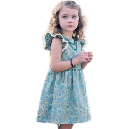 Toddler Kid Baby Girl Lace Ruffles Sleeve Peacock feathers Print Party Dress dress children costumes for girls