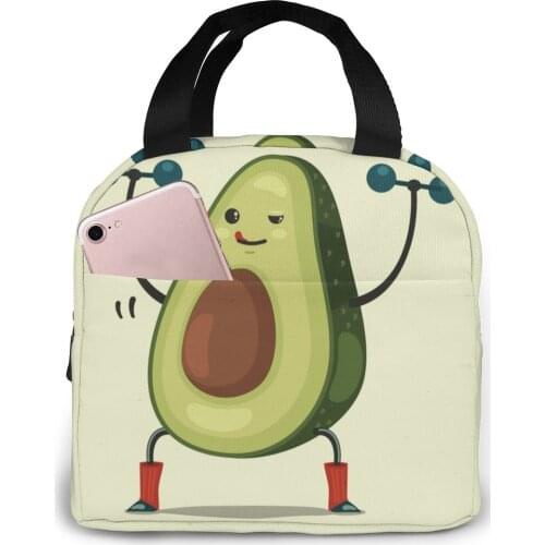 Lunch Bag Cute Avocado Doing Exercises With Dumbbells Thermal Insulated Lunch Box Tote Cooler Bag Bento Pouch Food Storage Bag