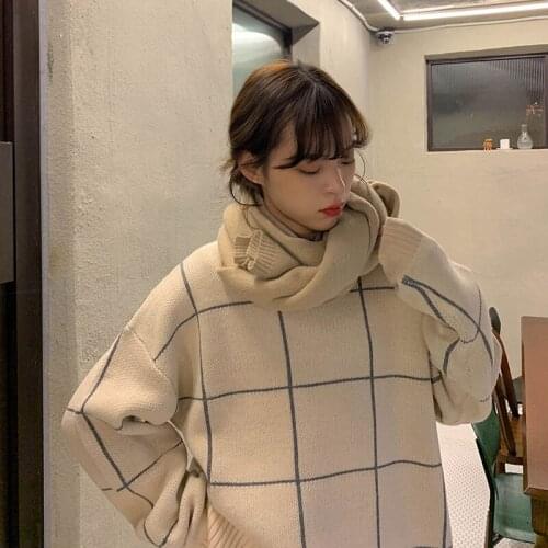 2020 New Japanese Vintage Plaid Women Sweater Ins Female Forest Winter Thickening Loose Retro Round Neck Pullover