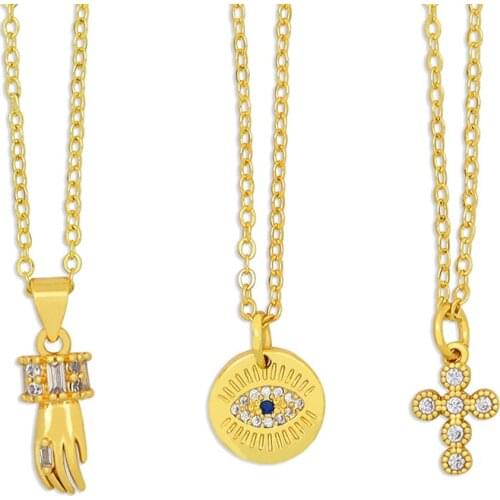Gold Color Small Jewelry for Woman Girls Party Birthday Gift Cubic Zirconia Cross Evil Eye Faima Hand Pendant Necklaces collares
