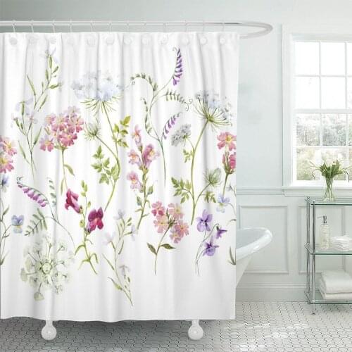 Shower Curtain Watercolor Floral Pattern Delicate Flower Wildflowers Pink Tansy Pansies White Queen Annes Lace Retro Waterproof