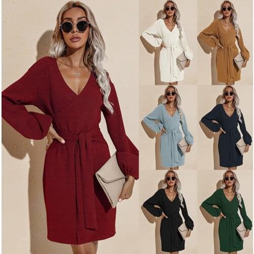 European and American womens wear hot autumn and winter new long-sleeved bag hipS V collar with solid color dress plus size y2k