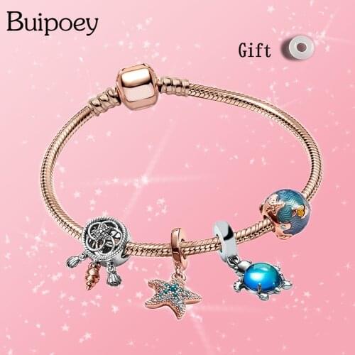 Buipoey New Rose Gold Ocean Theme Charm Bracelets For Women Original Blue Starfish Sea Turtle Beaded Summer Bracelet Jewelry