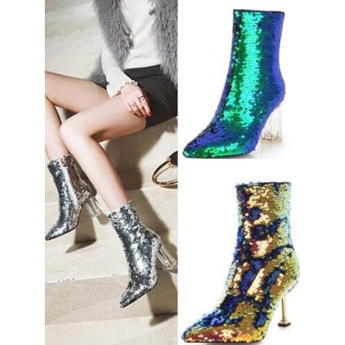Girls Sequins Bling Bling Fish Scales Crystal Thick Heels Tube Short Boots Pointed Toe Thin Heels Fashion Ankle Boots Zipper