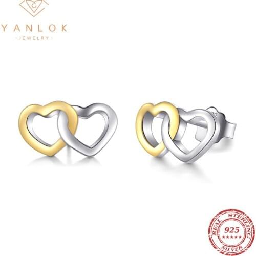 YANLOK Genuine 925 Sterling Silver Heart To Heart Stud Earring For Women Fashion Ear Pin Fine Jewelry