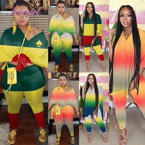 WomenS Set Plus Size S-5XL Casual Radient Print V-Neck Loose Tops T-Shirt Joggers Pants Suit Outfit 2 Piece Set Sporty Tracksui