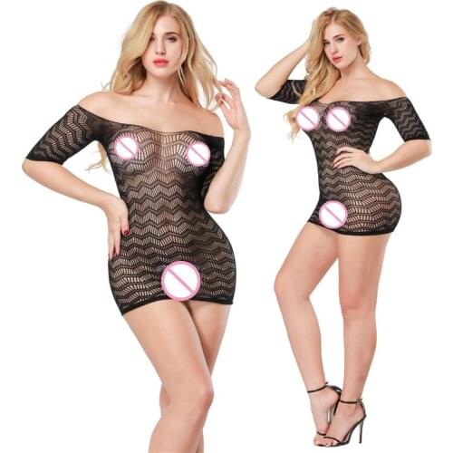 Female Women Erotic Porn Sexy Lingerie Fishnet Seamless Crotch Mini Dress Body Stocking Nightwear Nightdress Nightie Costumes