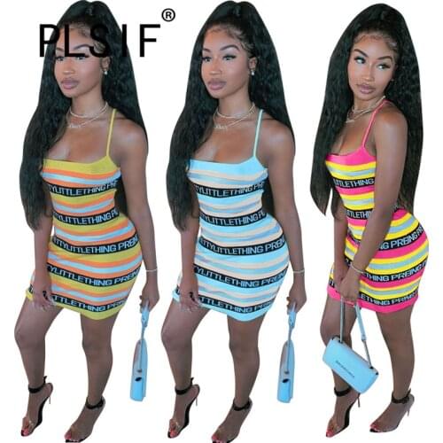 New fashion striped letter spliced sexy dress spaghetti strap sheath package hip mini dress beach style lady dress MN9150