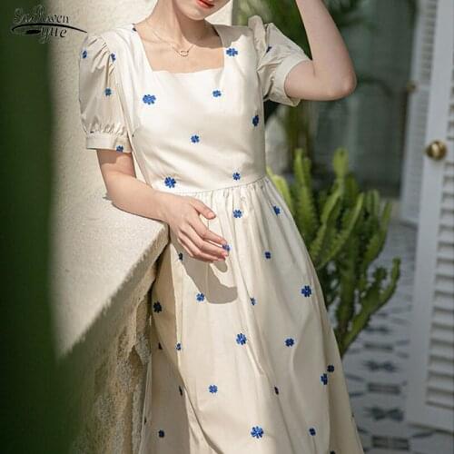 Summer 2021 New Women Dress Chic Cotton Plus Size Floral Square Collar Elegant Sweet Embroidery French Midi Dress Vestidos 15172