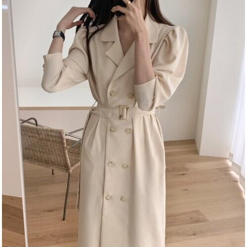 Autumn and winter new French temperament bubble sleeve double breasted waist strap dress coat