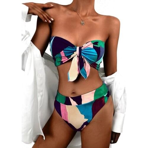 2021 Sexy Printed Bikini High Waist Strapless Biquinis Women Swimwear Female Bandeau Swimsuit Padded Bathing Suit Bow Monokin