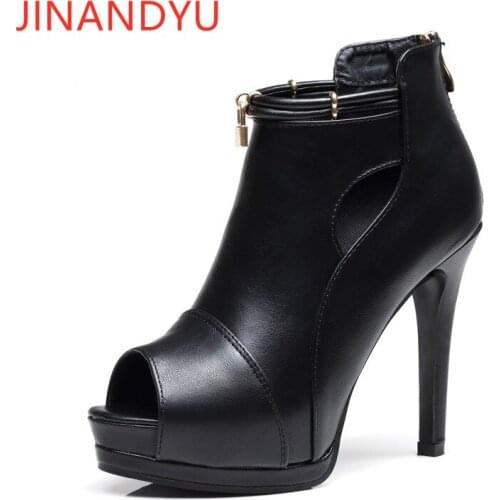 Black Leather Shoes Women High Heel Boots Peep Toe Platform Ladies Shoes and Sandals Ankle Boots Women Stiletto Heels Classy
