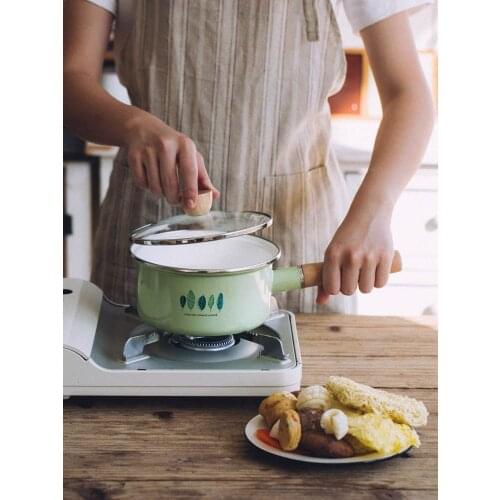 Wood single handle glass cover porcelain enamel baby food noodle soup milk stew pot Japanese small cooking stewpan thicken