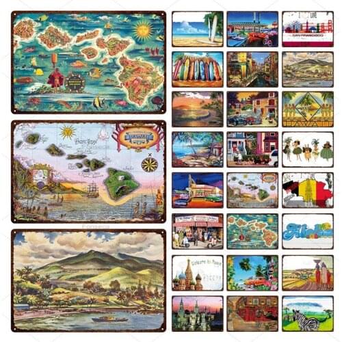 Travel Metal Sign Hawaii Vintage Retro City Lanscape Iron Painting Pub Store Home Decoration Wall Art City Poster Art 20*30 CM