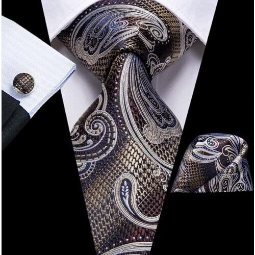 Hi-Tie Unique Designer 100% Silk Ties for Men High Quality Paisley Grey Brown Tie Necktie Hanky Cufflinks Set Fashion Mens Ties
