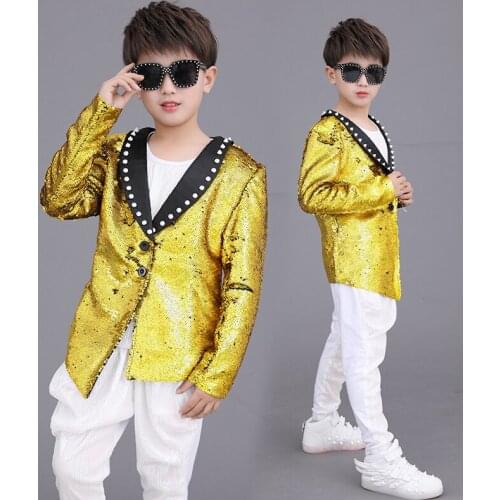 Boys Gold Sequined Jacket Drum Show Stage Costume Kids Jazz Dance Costume Hip Hop Performance Suit Singer Rave Outfit DNV15219